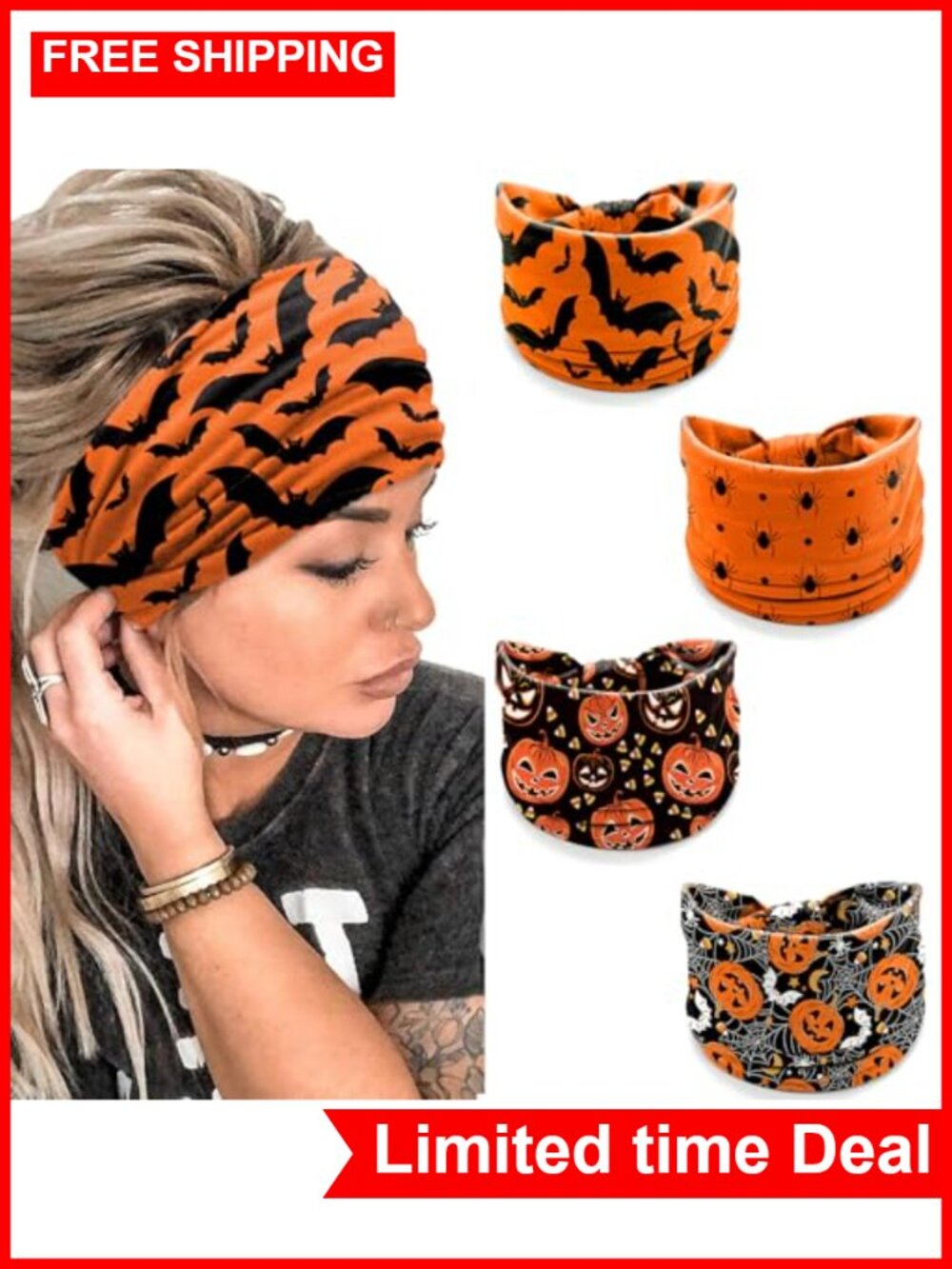 Halloween Headbands for Women 4 Pack Stretchy Non-Slip Hair Accessories Party